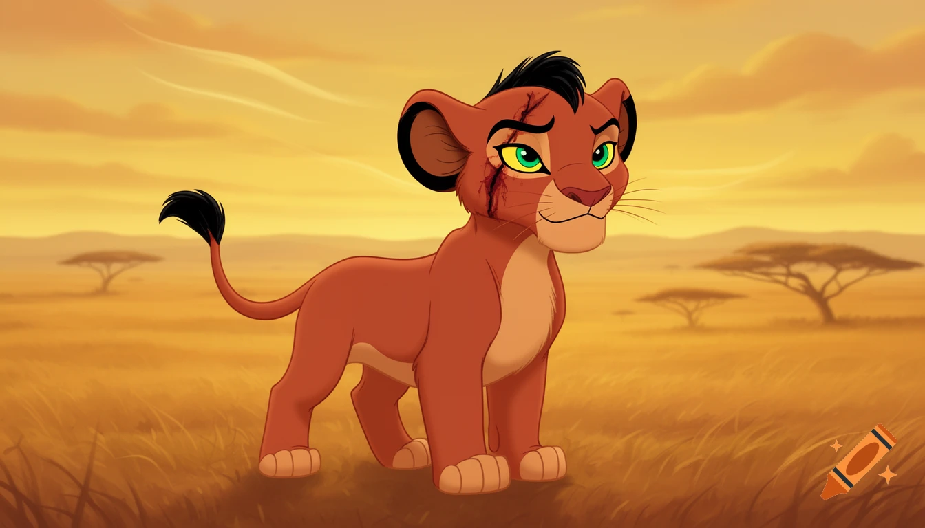 A cartoon reddish-brown lion cub with emerald green eyes and a fresh scar over its left eye, stands in a golden savanna at sunset.