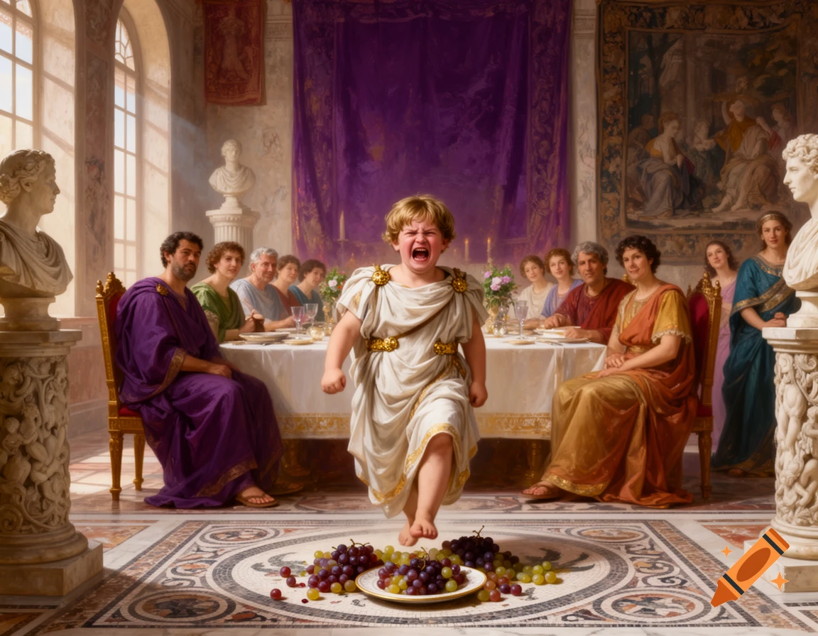 Painting of a child emperor Caligula crying and kicking amidst spilled grapes in an opulent Roman dining room with onlookers.