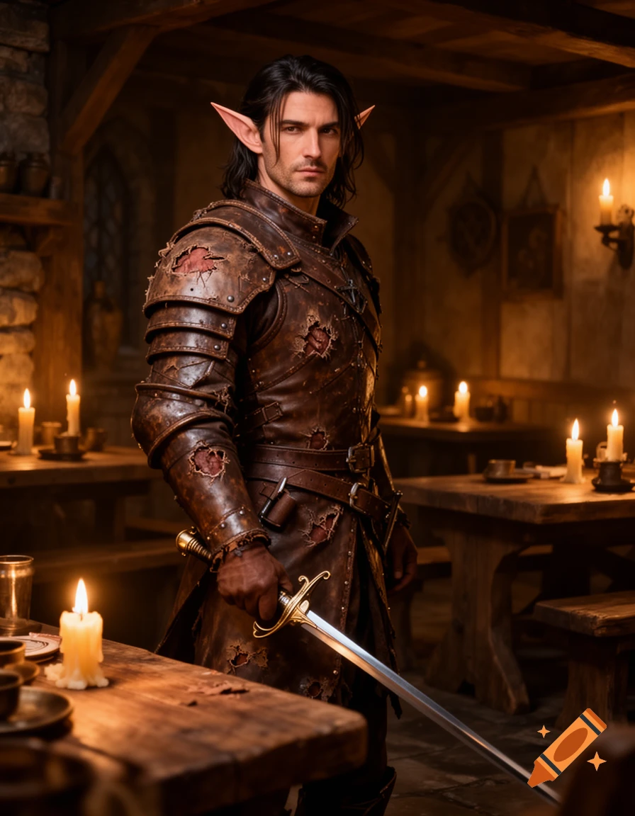A handsome male elf warrior in damaged leather armor holds a rapier in a candlelit fantasy tavern.