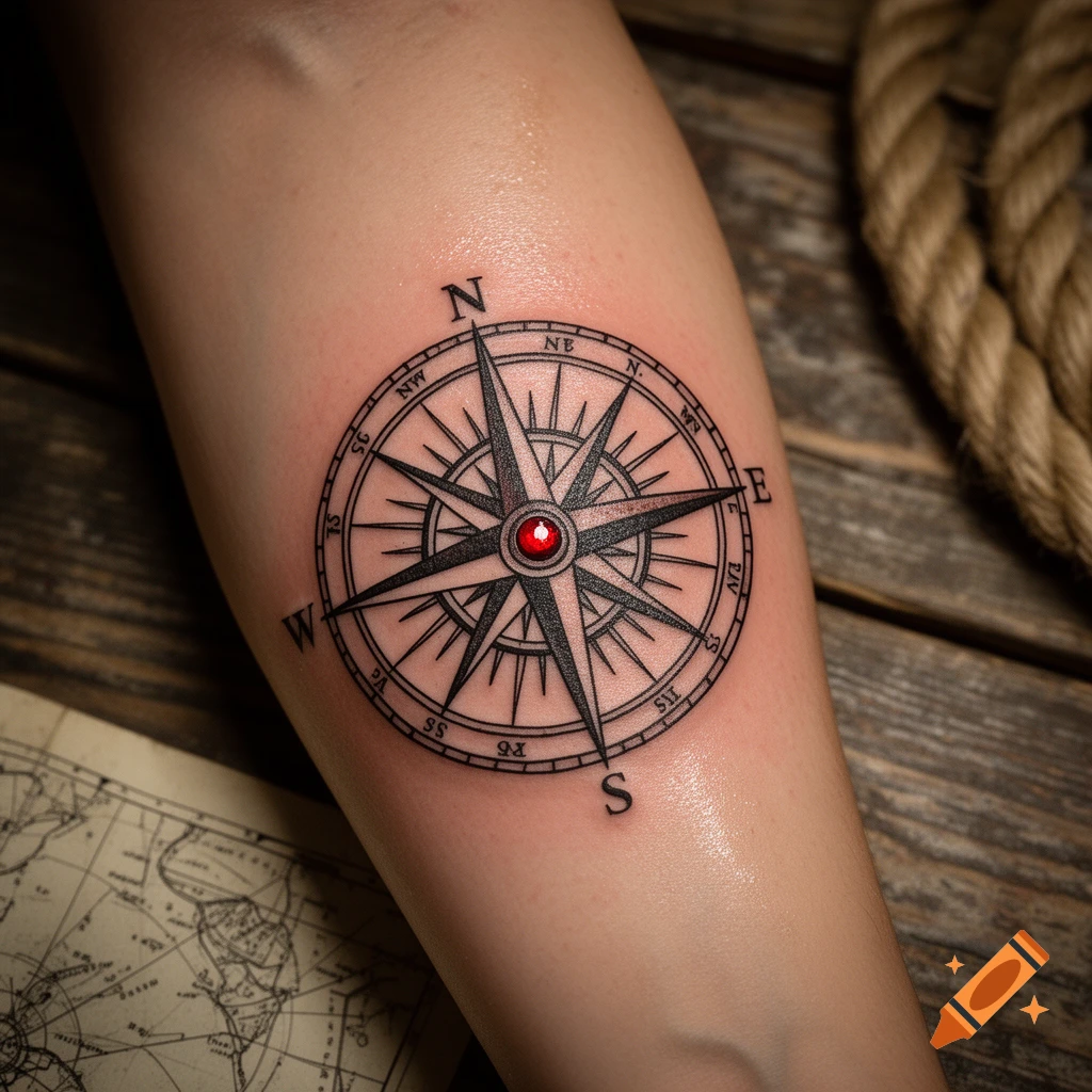 Photorealistic tattoo of a black compass rose with a red center on a forearm, next to rope and a map on wood.