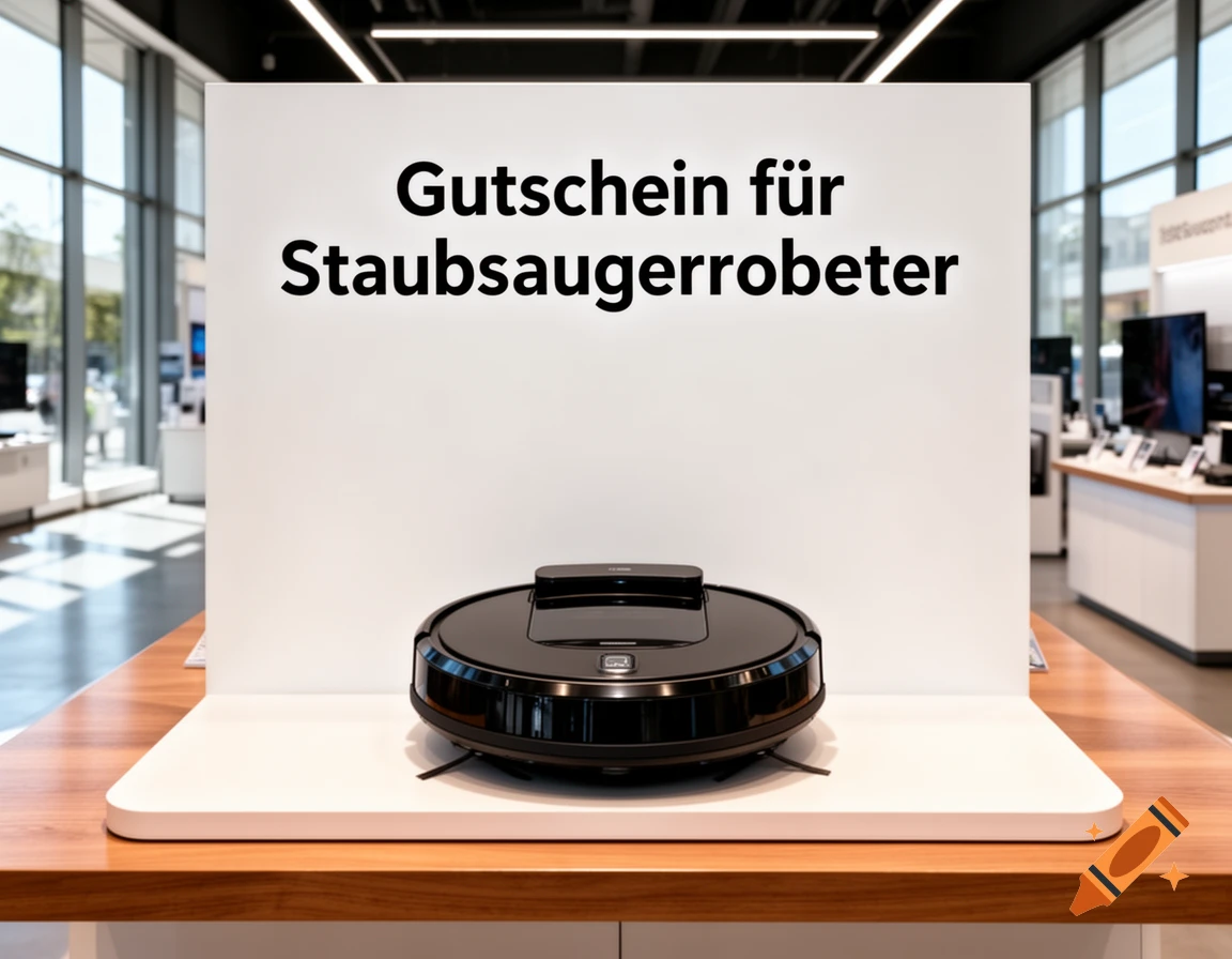 A black robot vacuum cleaner sits on a white display stand in a store, with a sign behind it reading 'Gutschein für Staubsaugerroboter'.