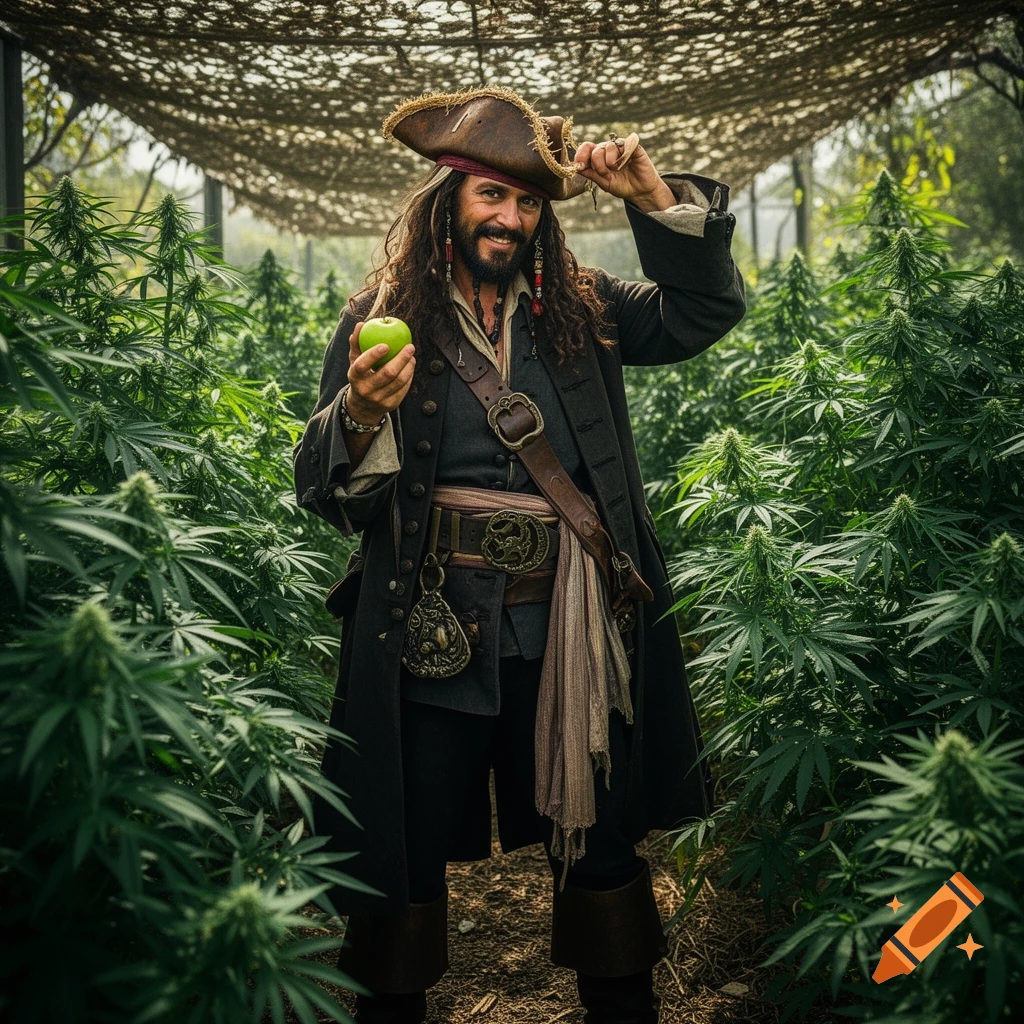 A smiling pirate, resembling Captain Jack Sparrow, holds a green apple in a lush cannabis field under a canopy.