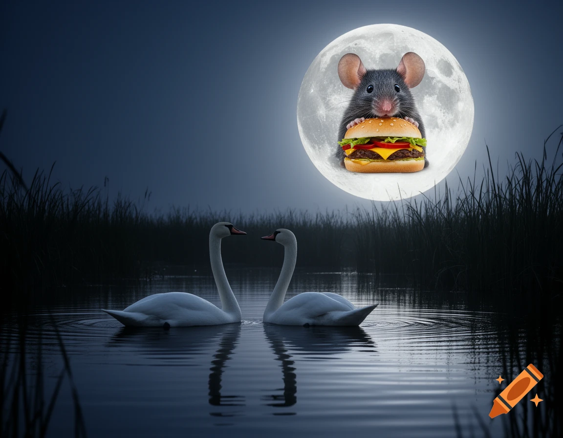 Two swans on a dark lake at night, looking at a full moon with a giant mouse holding a cheeseburger, surrounded by reeds.