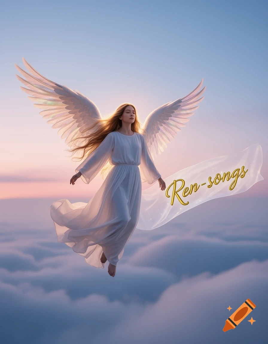 A serene angel with large white wings and a flowing gown floats above clouds at sunset, with 'Ren-songs' on a banner, photorealistic.