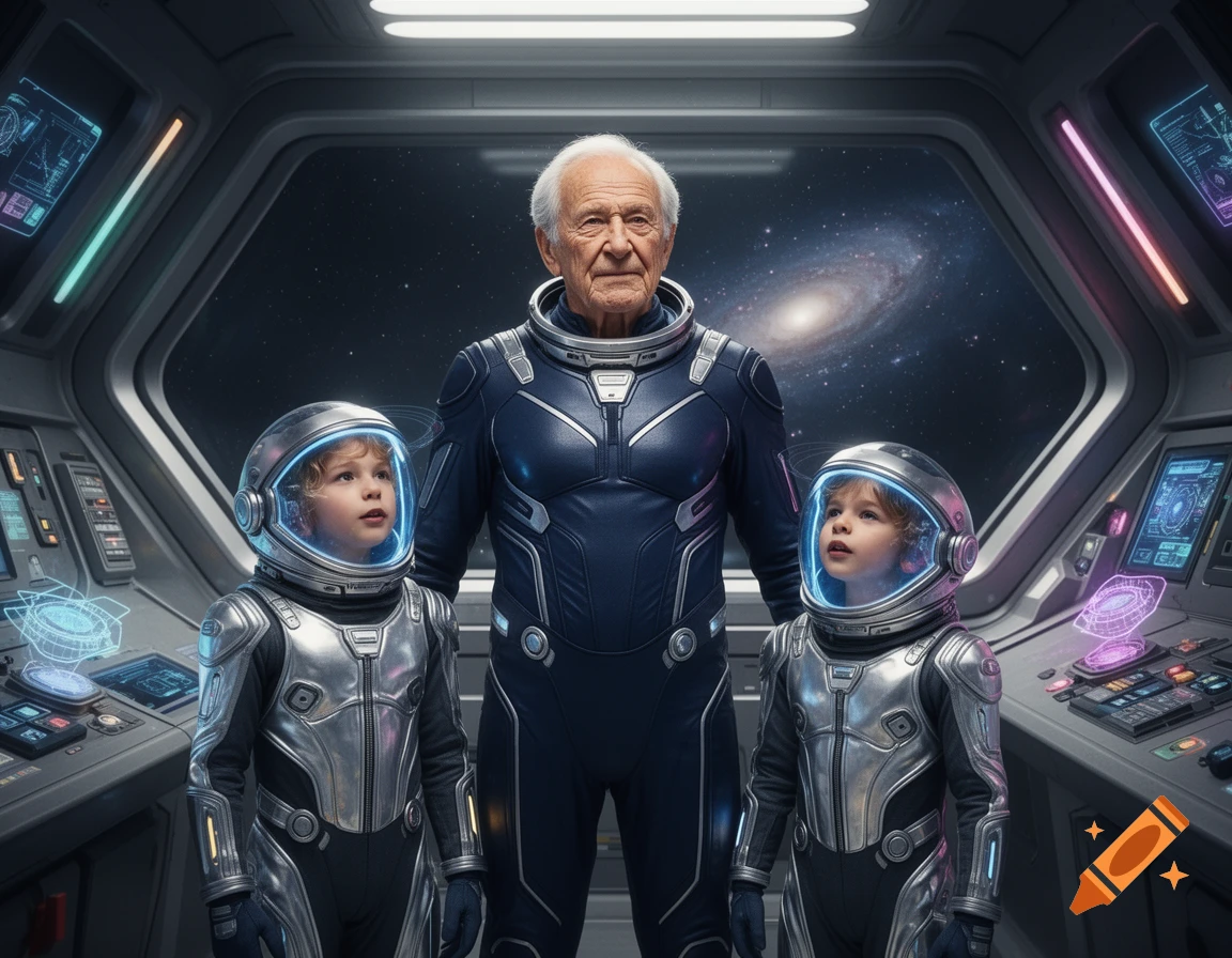 An old man and two children in astronaut suits stand in a spaceship cockpit, looking out at a galaxy. Photorealistic.