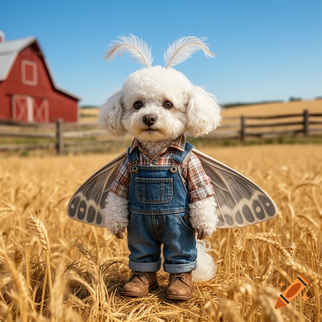 A white poodle-like dog with moth wings and antennae, dressed in farmer's overalls, stands in a wheat field near a red barn.