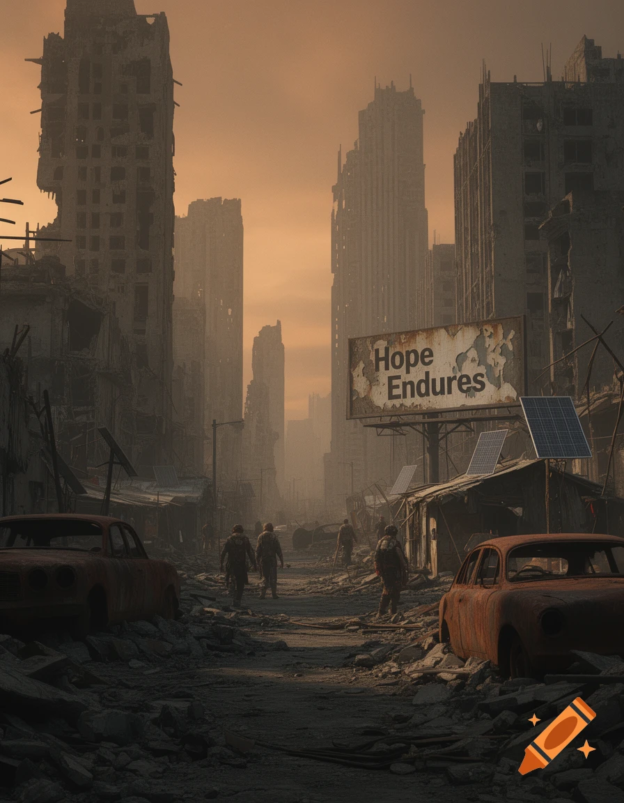 A post-apocalyptic city street with ruined buildings and rusty cars, people walk under an orange sky, a billboard reads 'Hope Endures'.