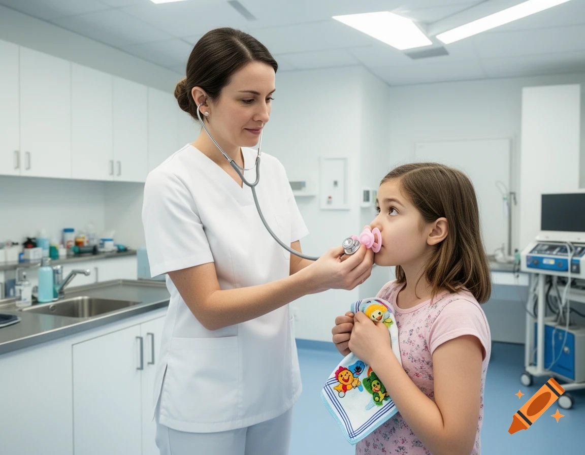 A nurse holds a stethoscope and a pink pacifier to a young girl's face in a photorealistic image taken in a medical room.
