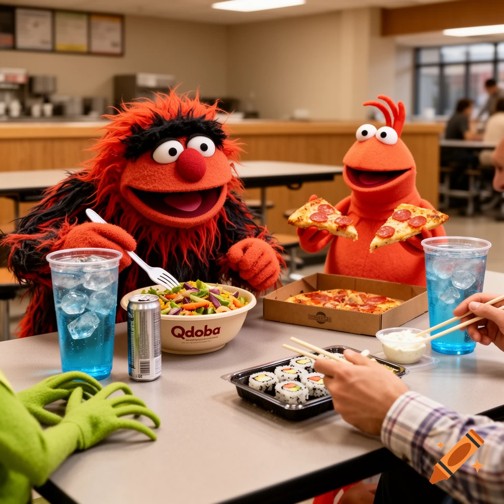 Photorealistic image of Animal eating salad, Pepe holding pizza, and Kermit's hands with sushi at a cafeteria table.