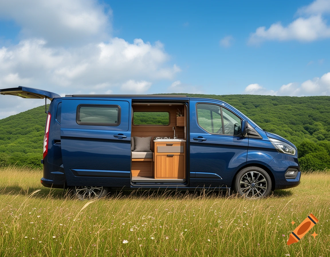A blue camper van with open side and rear doors, showing its interior kitchen, parked in a sunny grassy field with green hills.