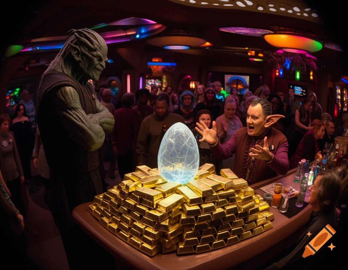 A large green alien stands opposite a Ferengi-like bartender who gestures excitedly at a glowing egg atop a pile of gold bars in a crowded, colorful sci-fi bar.