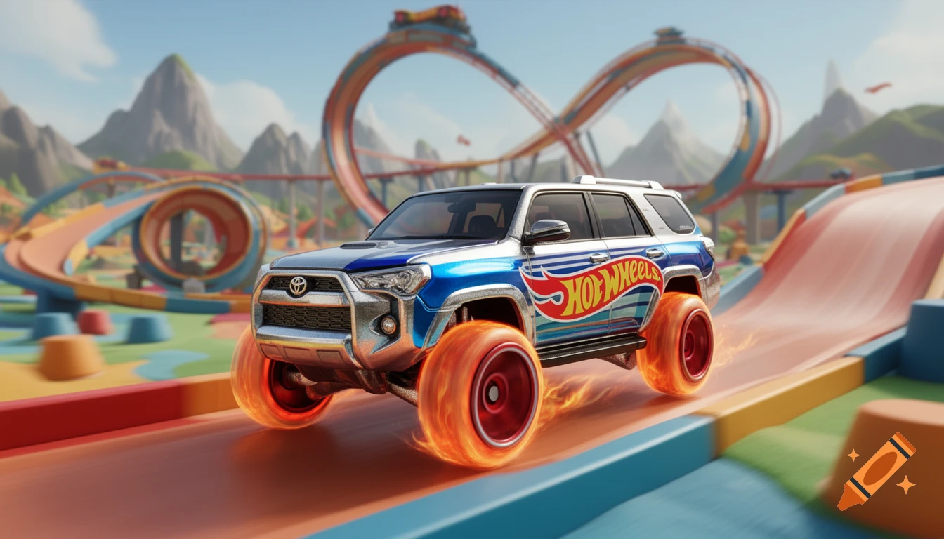 A stylized Hot Wheels Toyota 4Runner with flaming wheels races on a vibrant toy track with loops and mountains.