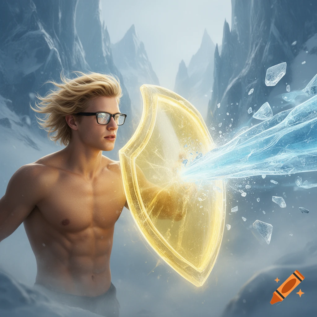 A muscular blonde man in glasses deflects a blue ice beam with a glowing yellow shield in a snowy mountain setting, digital art.