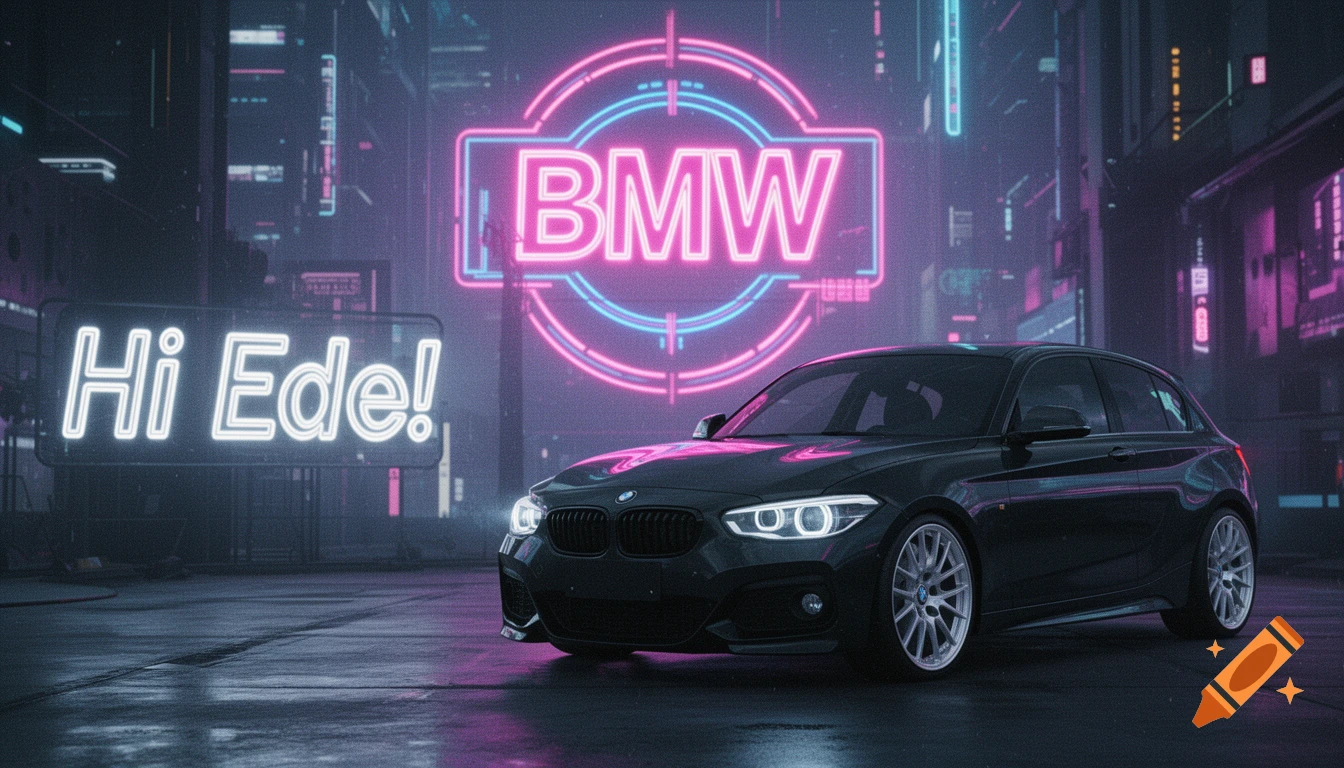 A black BMW F20 car parked on a wet street in a cyberpunk city at night, illuminated by neon signs including 'BMW' and 'Hi Ede!'.