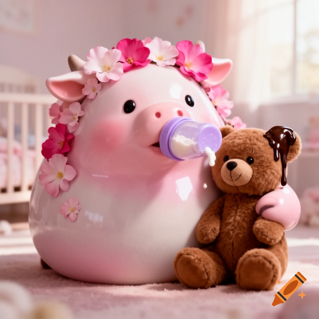 A sweet, cartoon-style pink and white cow blob wearing flower petals drinks from a lilac baby bottle while hugging a brown teddy bear with chocolate on its ear, in a bright nursery setting.