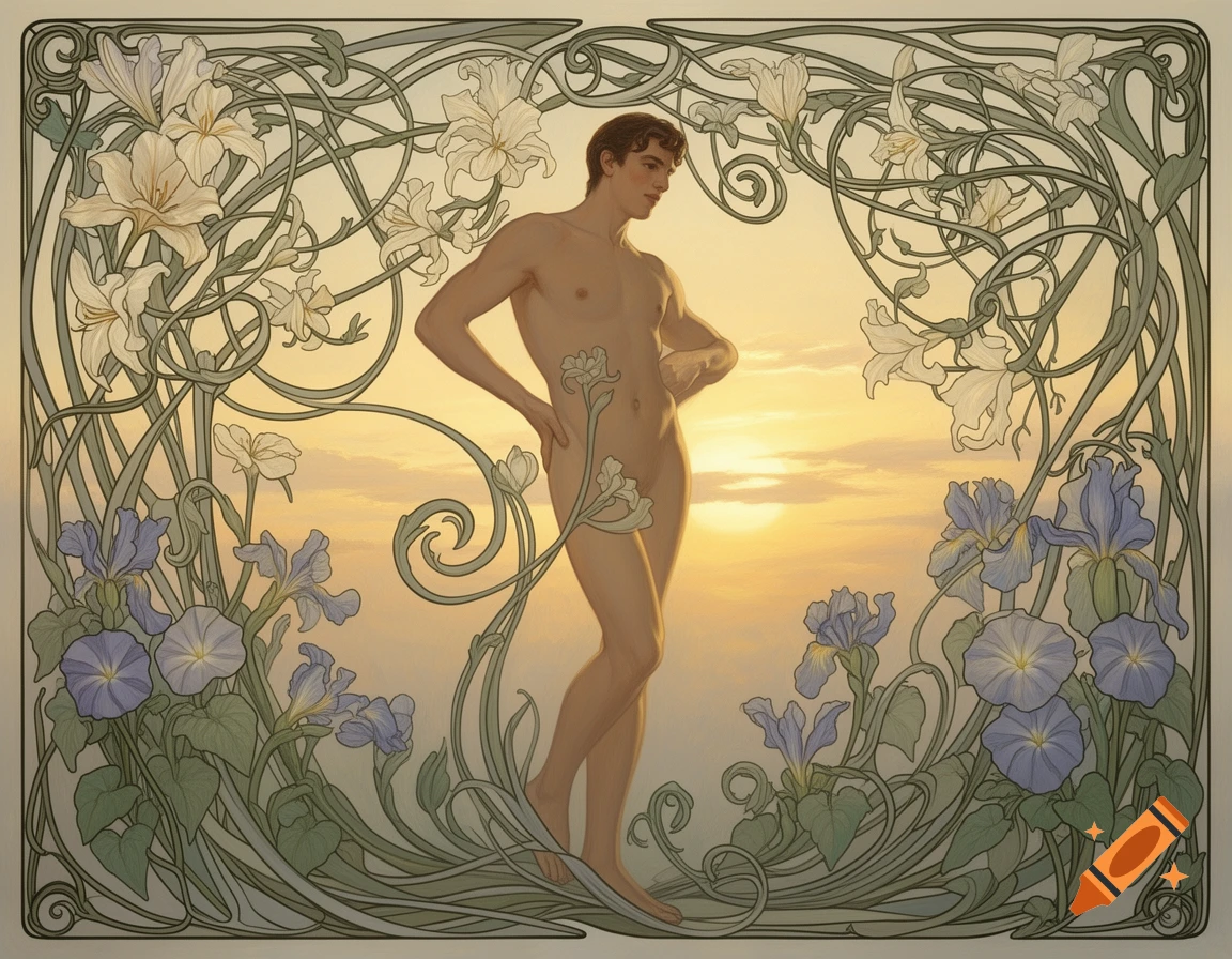 Art Nouveau illustration of a nude man standing amidst swirling white and blue flowers and foliage, against a sunset background.