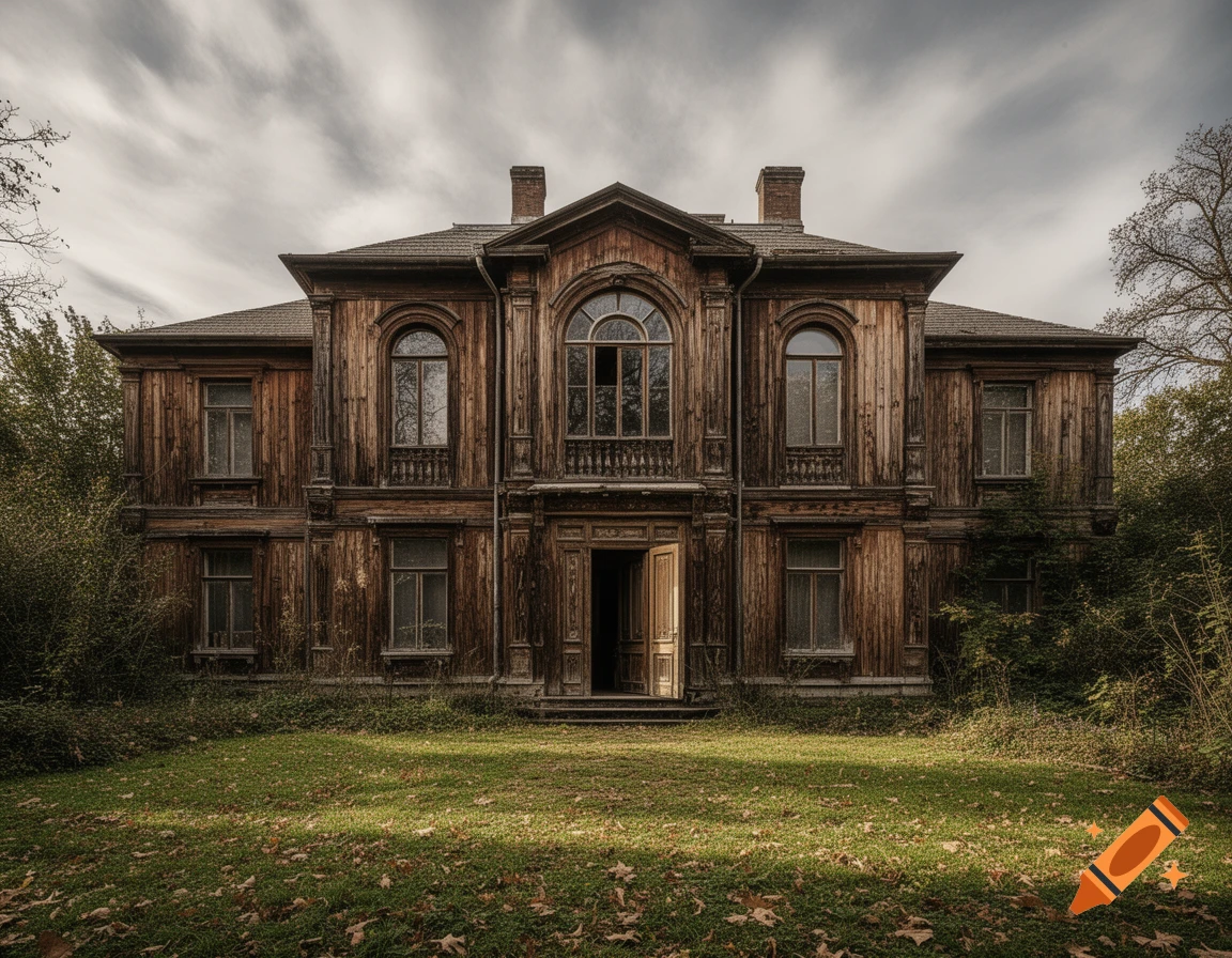 A dark, weathered old wooden mansion with arched windows stands in an overgrown grassy yard under a cloudy sky.