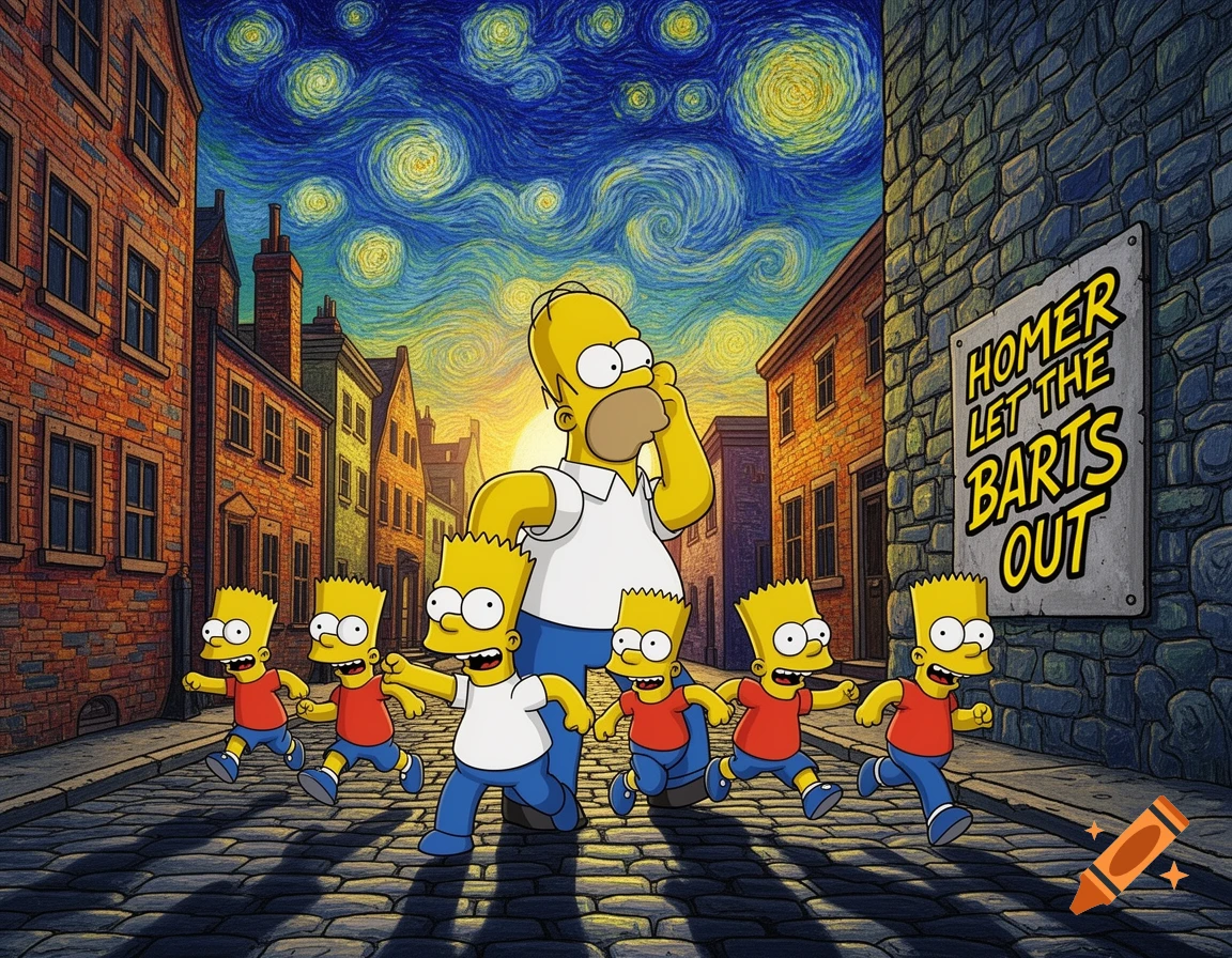 Homer Simpson stands behind multiple running Bart Simpsons on a cobblestone street under a swirling, Starry Night-style sky.