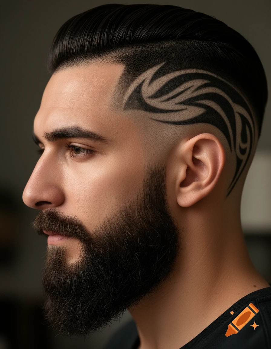 Side profile of a man with a well-groomed beard and a modern haircut featuring a taper fade and a tribal-style hair tattoo on the shaved side.