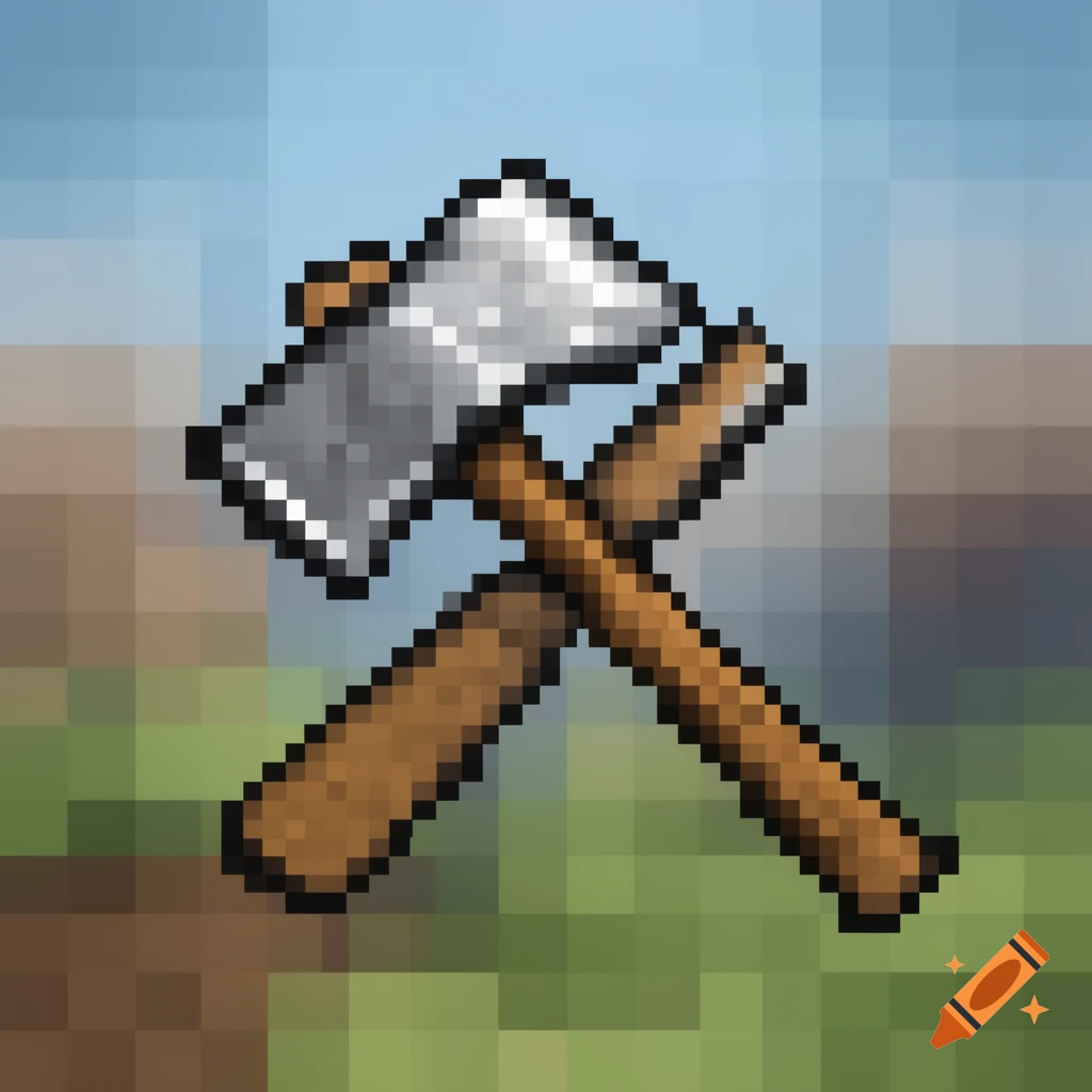 Two pixel art tools, an axe and a pickaxe, crossed against a blurry pixelated background in Minecraft style.
