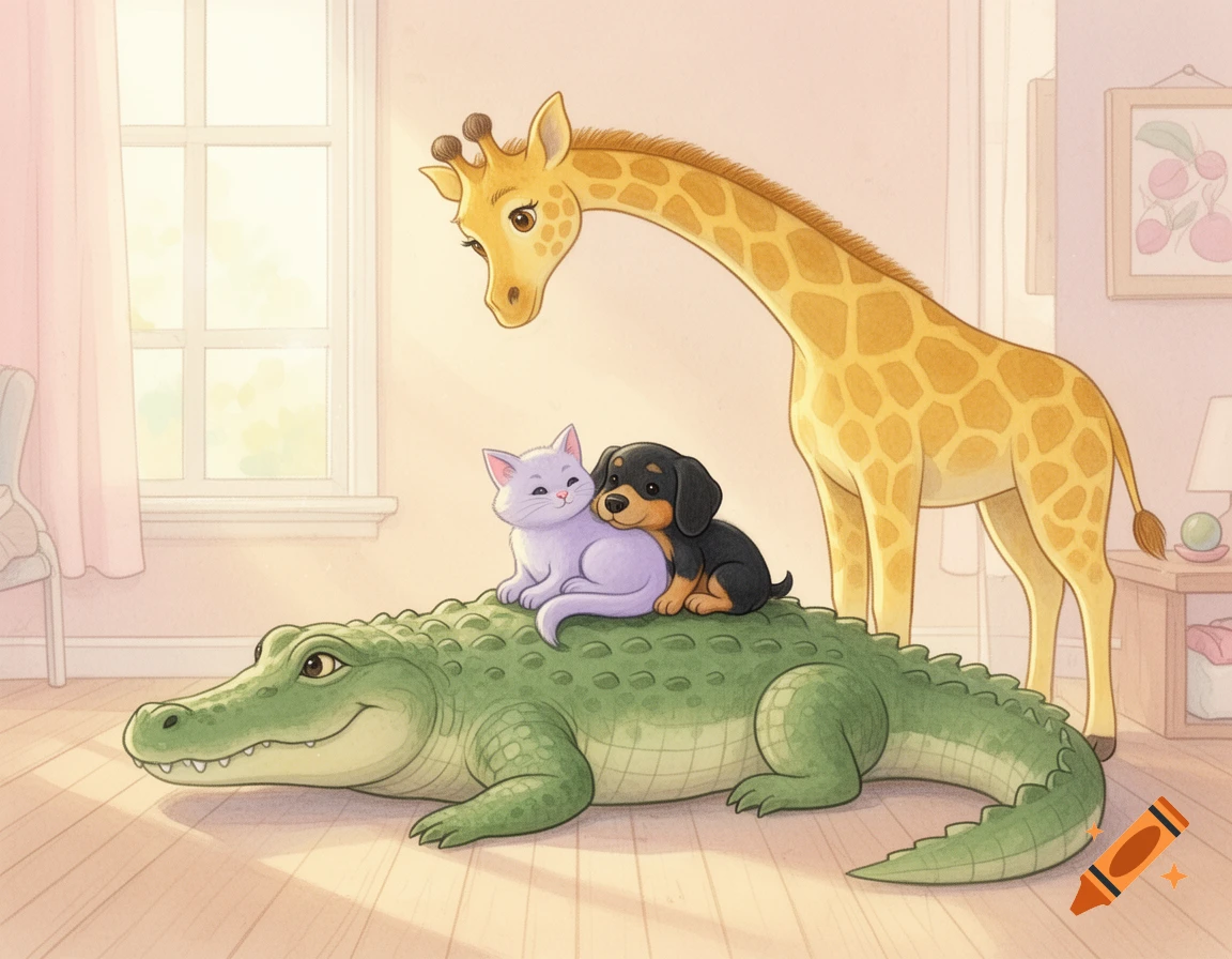 A whimsical storybook illustration of a gentle green alligator on a sunny floor with a purple cat and black dog on its back, while a tall yellow giraffe bends down to look at them.