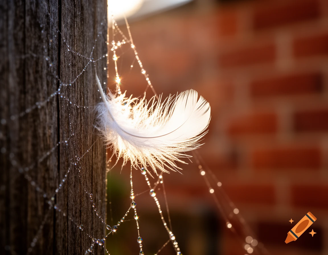 Macro shot of a white feather caught in a dewy spider web on a wooden post, backlit by morning light, with a blurred brick wall.