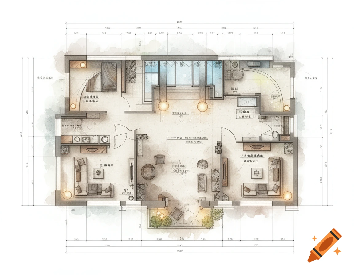 Top-down architectural floor plan sketch with rooms, furniture, and dimensions, rendered in a watercolor and ink style.