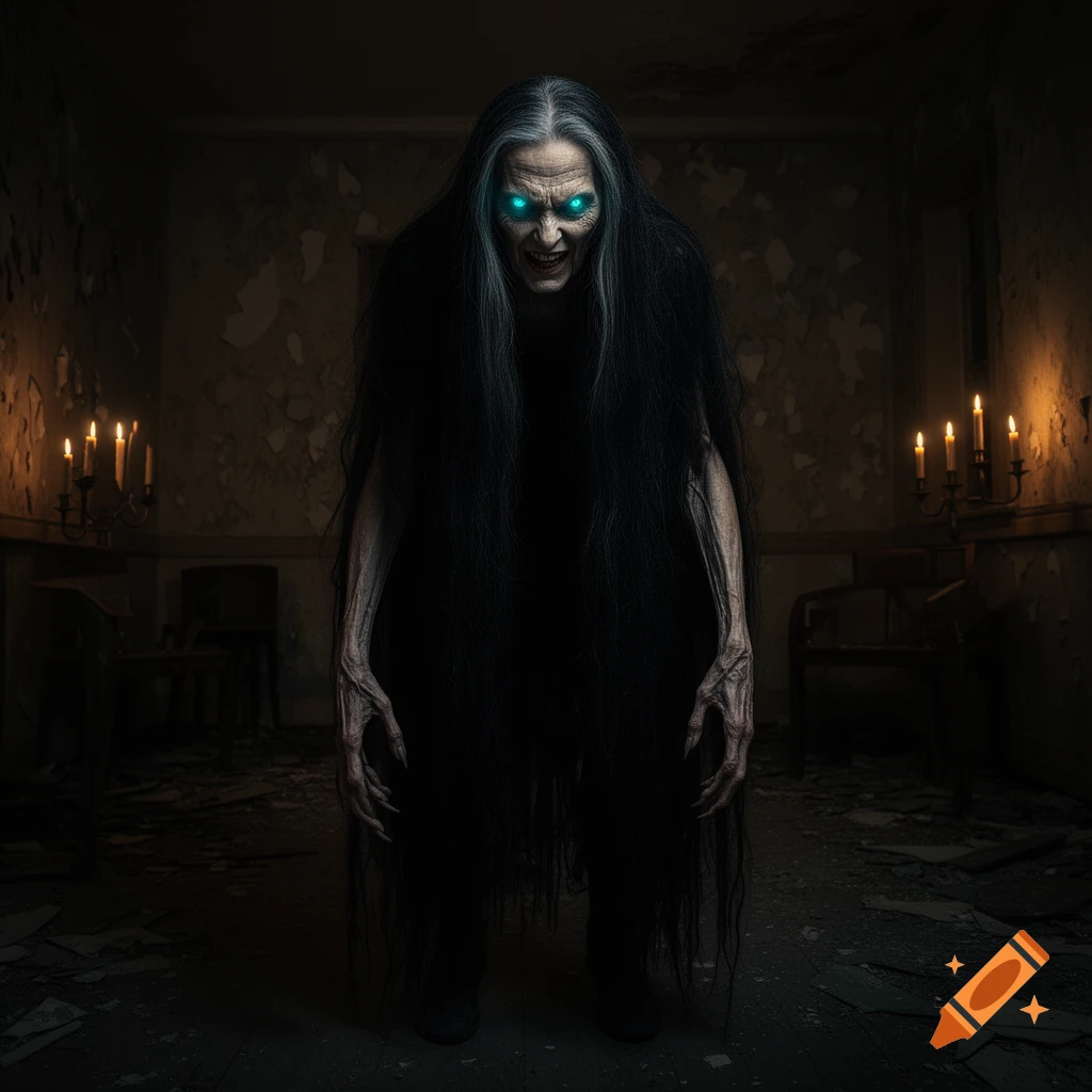 A terrifying old woman with long black hair, glowing blue eyes, and bony, clawed hands stands in a dark, dilapidated room, lit by candlelight.