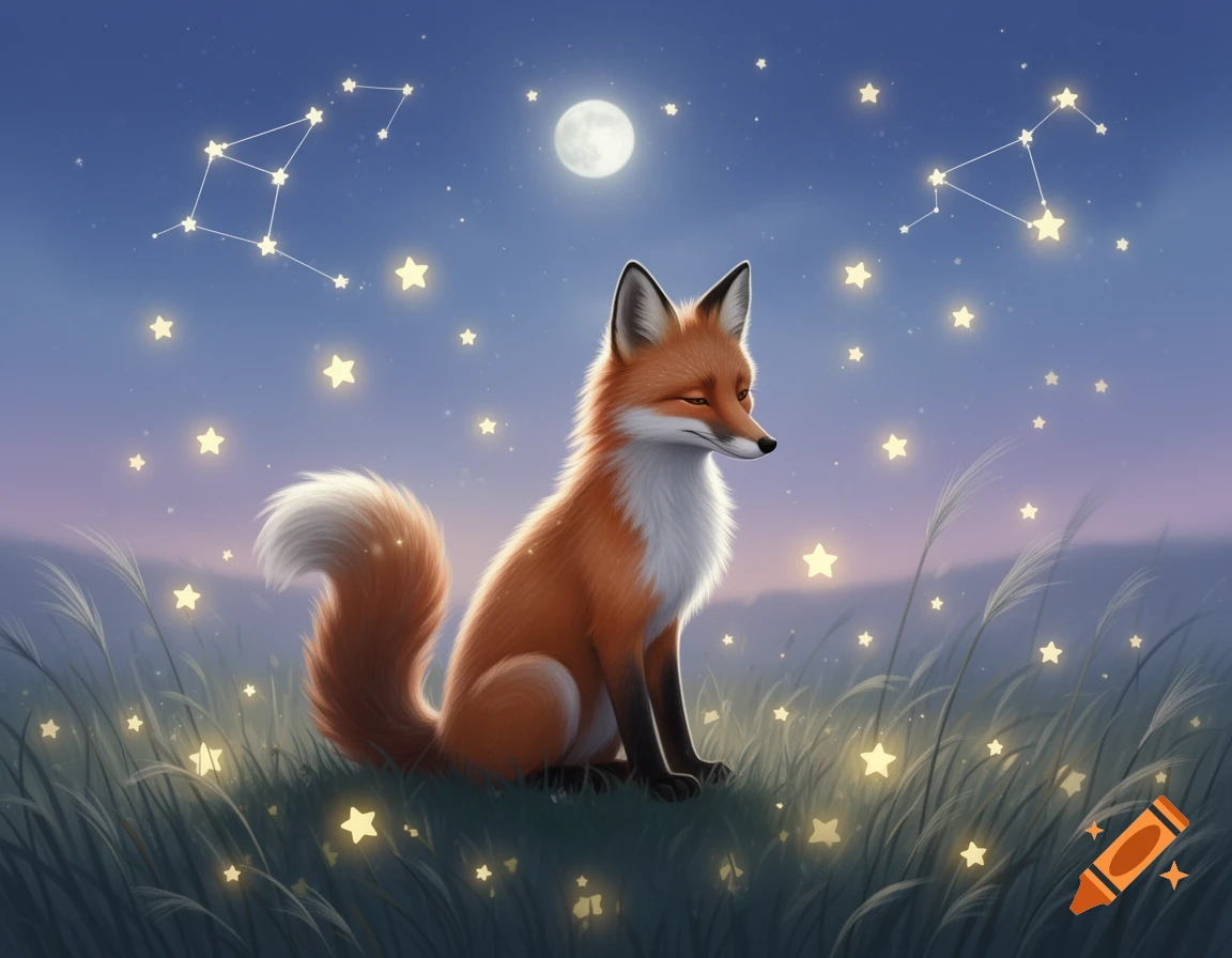 A red fox sits in a grassy field under a full moon and starry night sky with glowing stars.