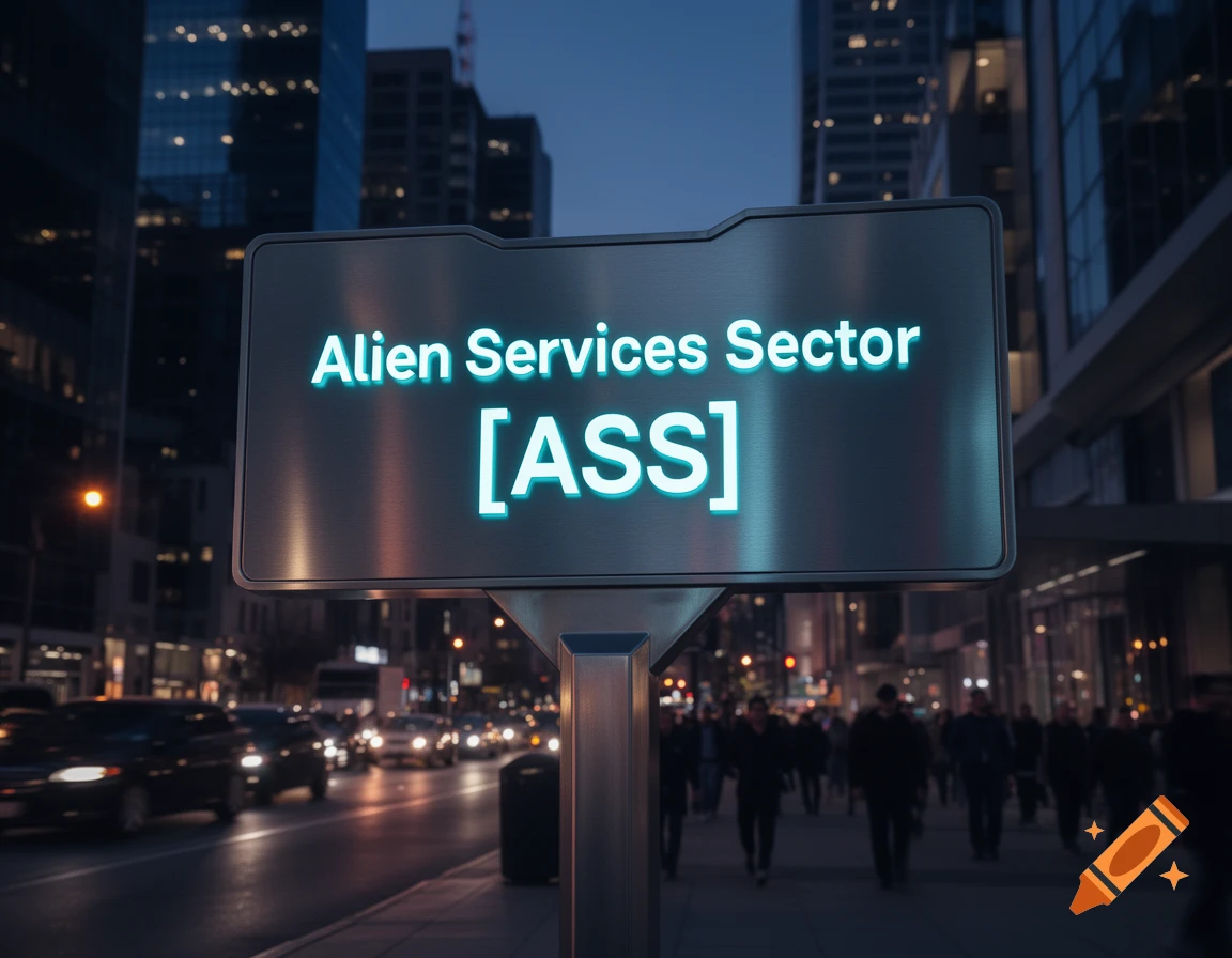A glowing sign on a busy city street at dusk reads 'Alien Services Sector [ASS]'.
