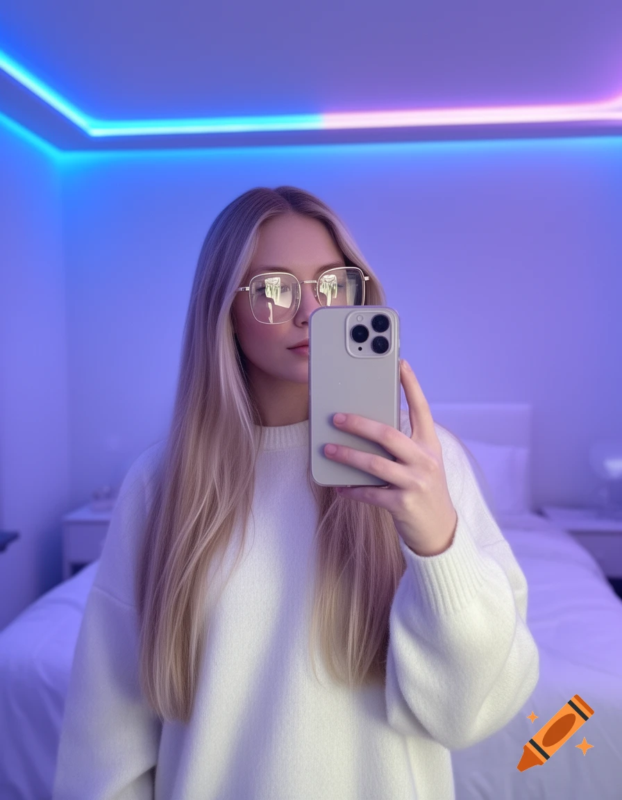 A blonde woman in oversized glasses and a white sweater takes a selfie in a blue and purple lit bedroom.