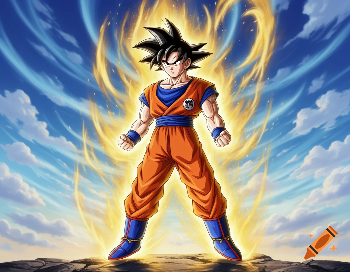 Goku, an anime character, stands on a rocky ground with golden energy around him against a blue, cloudy sky.
