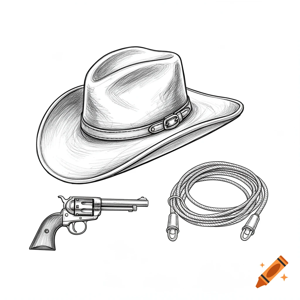 Black and white sketch of a cowboy hat, a revolver, and a coiled rope against a white background.