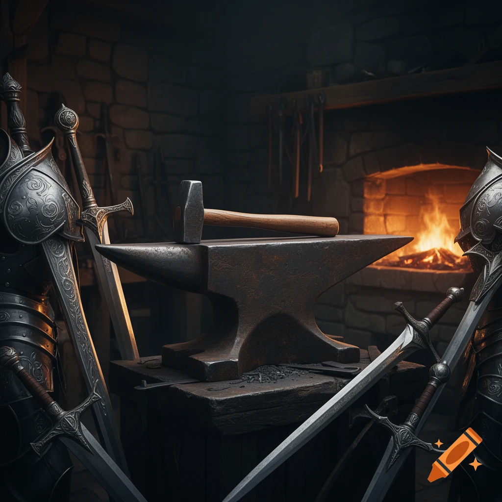 A hammer rests on an anvil, flanked by ornate swords and armor in a dark blacksmith's forge with a glowing fire.