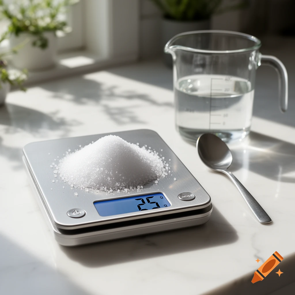 A kitchen scale with a pile of white sugar displaying "25 g" sits on a counter next to a measuring cup with water and a spoon.