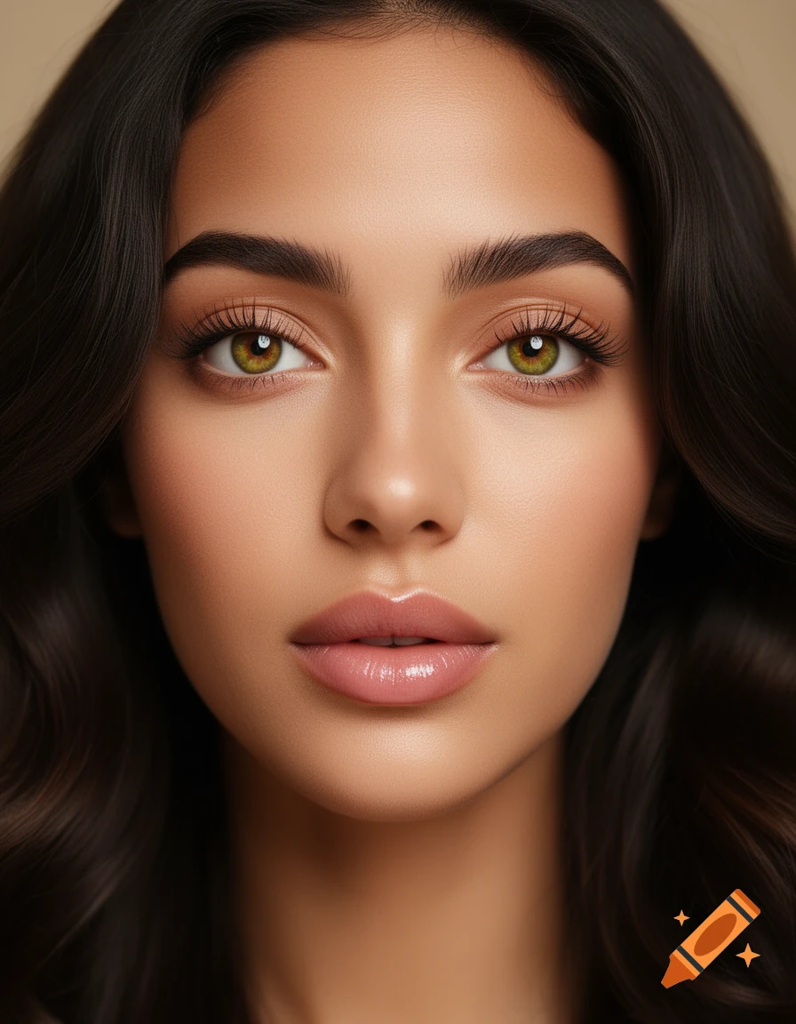 Close-up photorealistic portrait of a woman with dark wavy hair, olive green eyes, and light makeup.