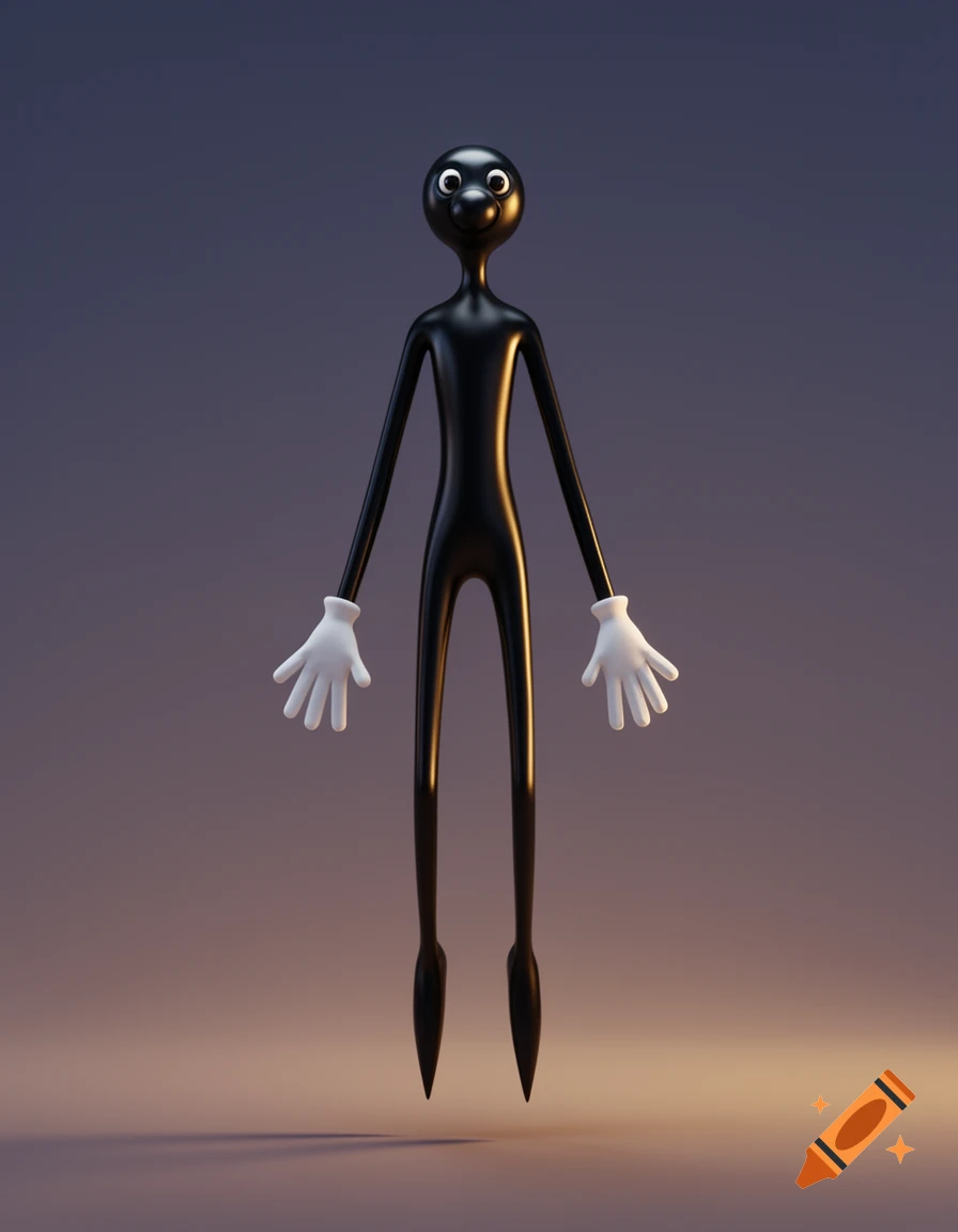 A shiny black cartoon man with a small head, white eyes, gloves, and pointy feet floats against a gradient background.