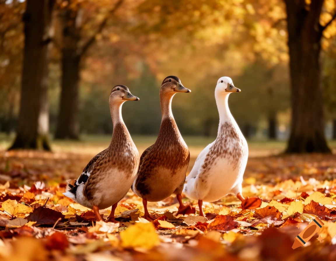 Three ducks, two brown and one white and brown, walk through a park covered in vibrant autumn leaves.