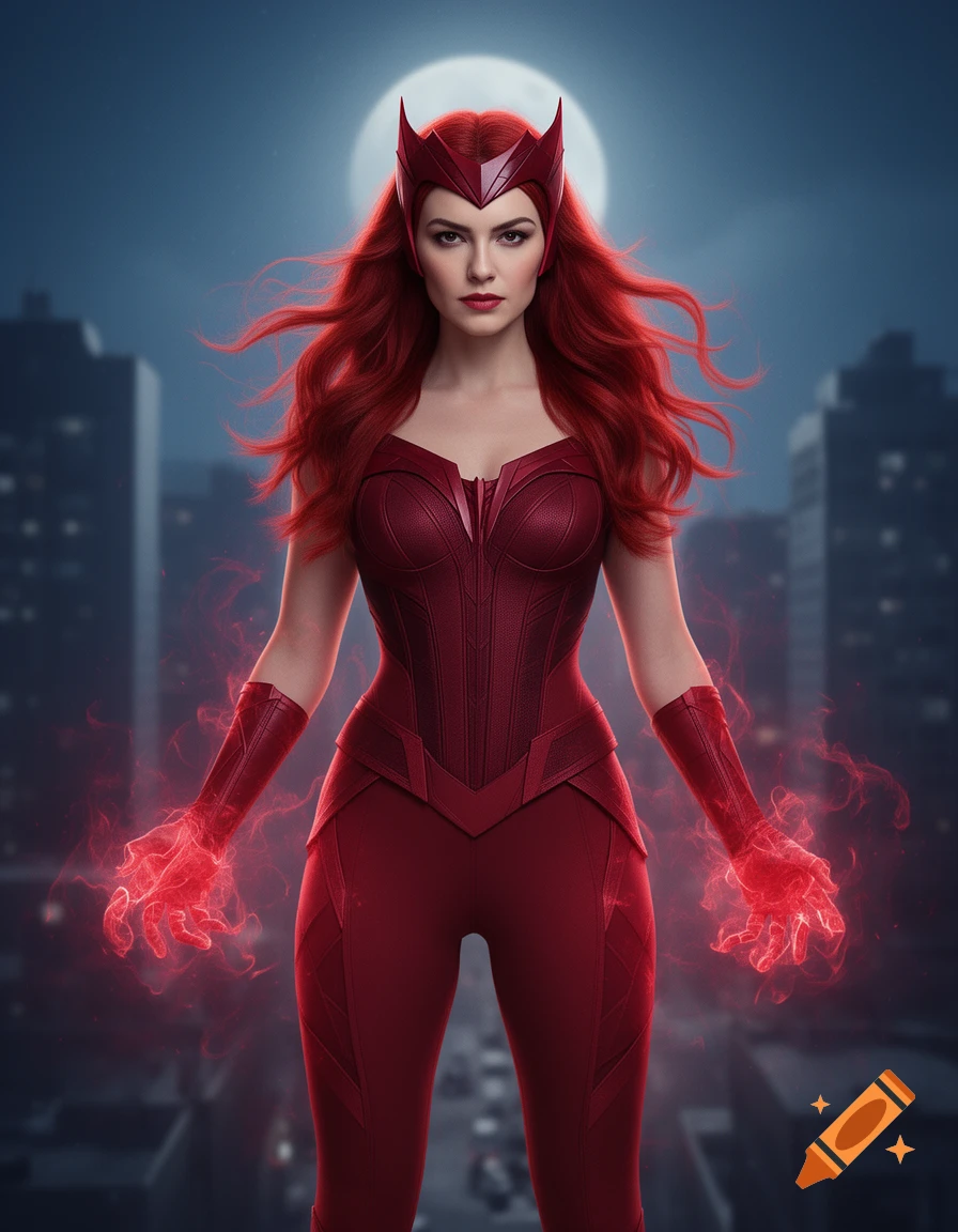 Photorealistic depiction of Scarlet Witch with flowing red hair and glowing red energy hands, standing against a night city skyline and full moon.