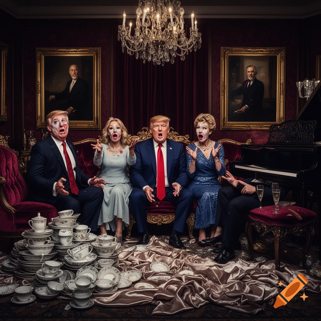 A portrait of people resembling Donald Trump and family in a luxurious room, looking shocked with messy faces, surrounded by broken china.