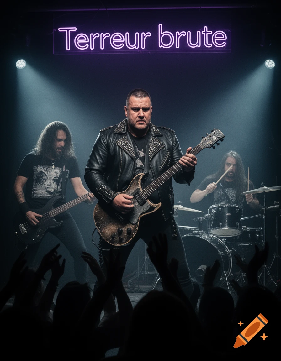 A heavy metal band, 'Terreur Brute', performs on stage under purple neon lights, with a guitarist in a studded jacket front and center.