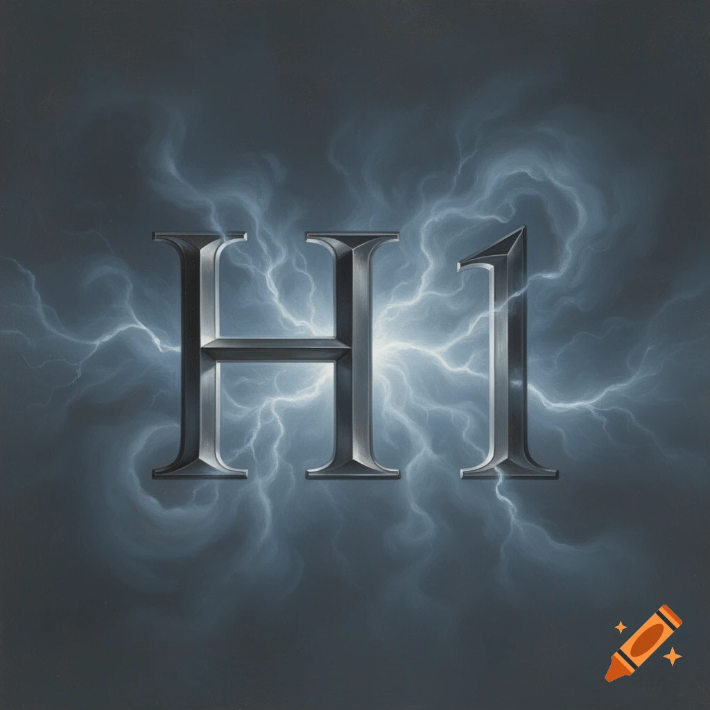 Stylized metallic letters 'H1' with bright lightning and dark clouds in a Tonalism style.
