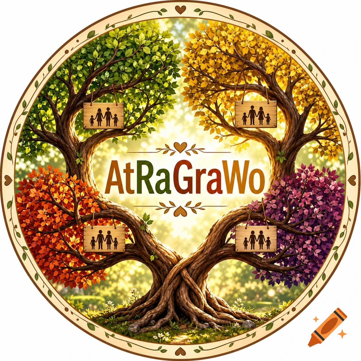 Circular emblem with four trees in different seasons forming a heart, 'AtRaGraWo' in the center, and family silhouettes on signs.