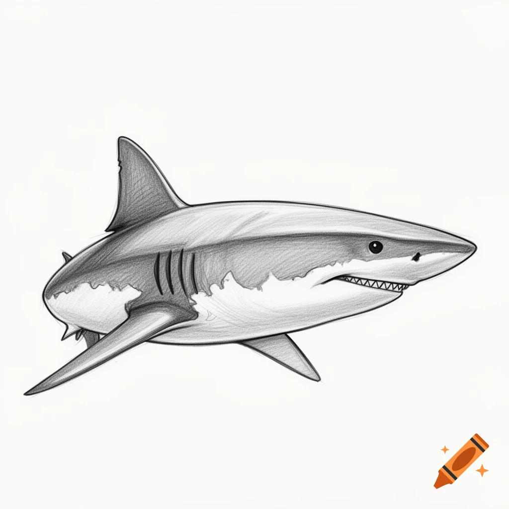 Black and white pencil sketch of a shark, depicted in profile against a white background.