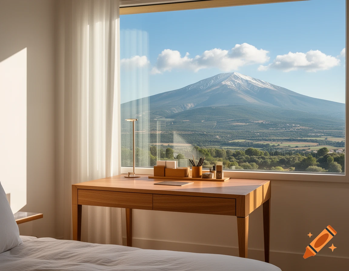 A modern room with a wooden desk and a bed, featuring a large window with a scenic view of a snow-capped mountain and green landscape.