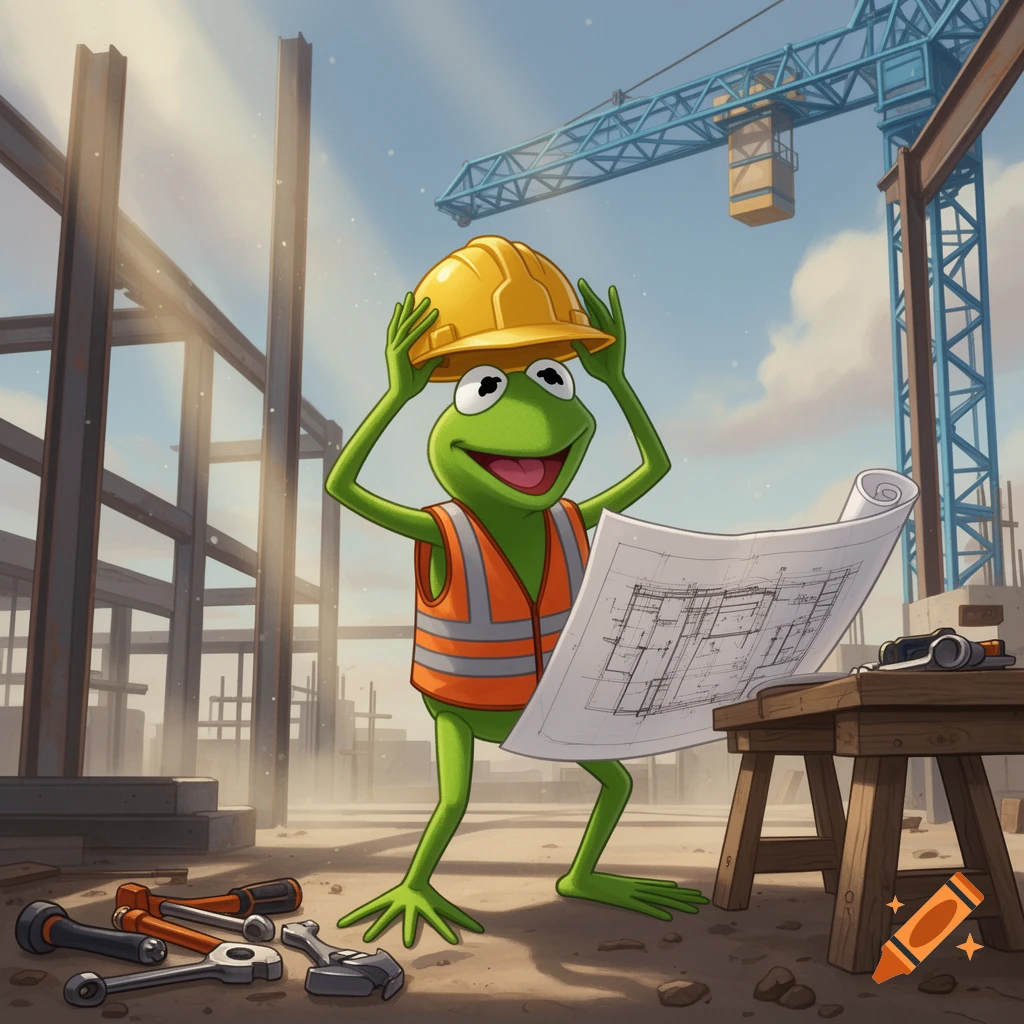 Kermit the Frog wears a yellow hard hat and orange safety vest, holding blueprints at a construction site with a large crane and tools.
