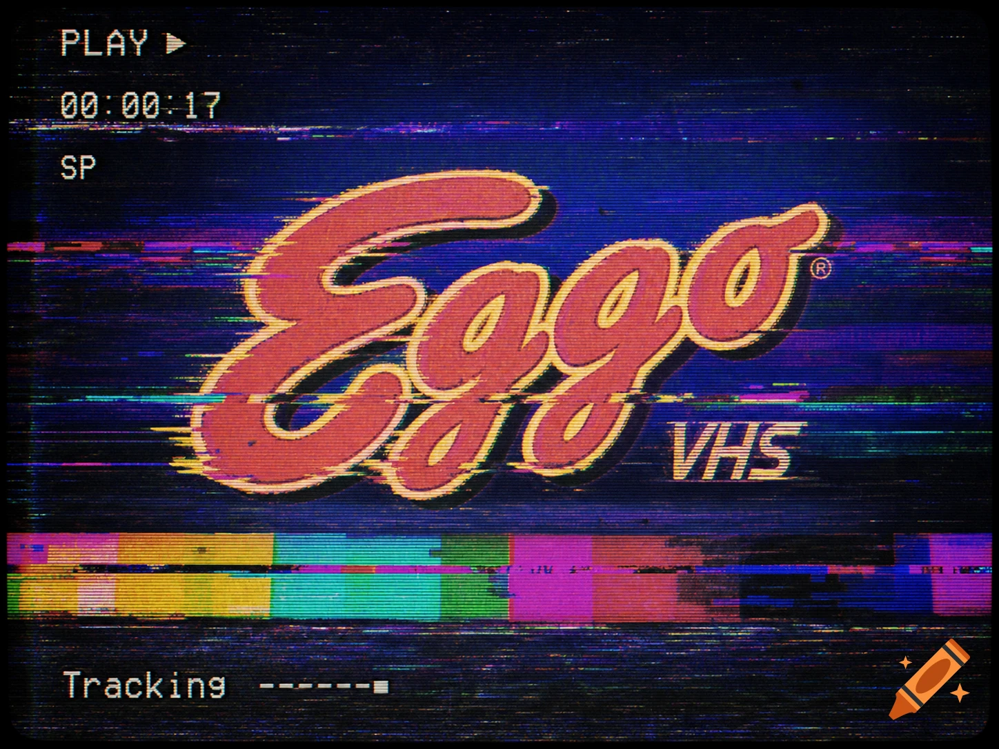The Eggo logo displayed on a retro VHS screen with colorful static, tracking lines, and timecode graphics.