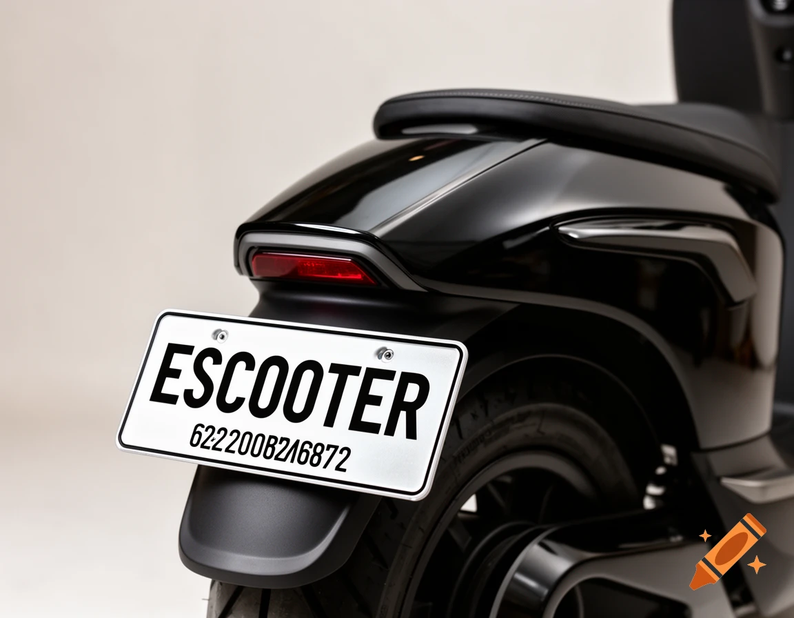 Close-up rear view of a glossy black e-scooter with a white license plate reading 'ESCOOTER' and a numerical code.
