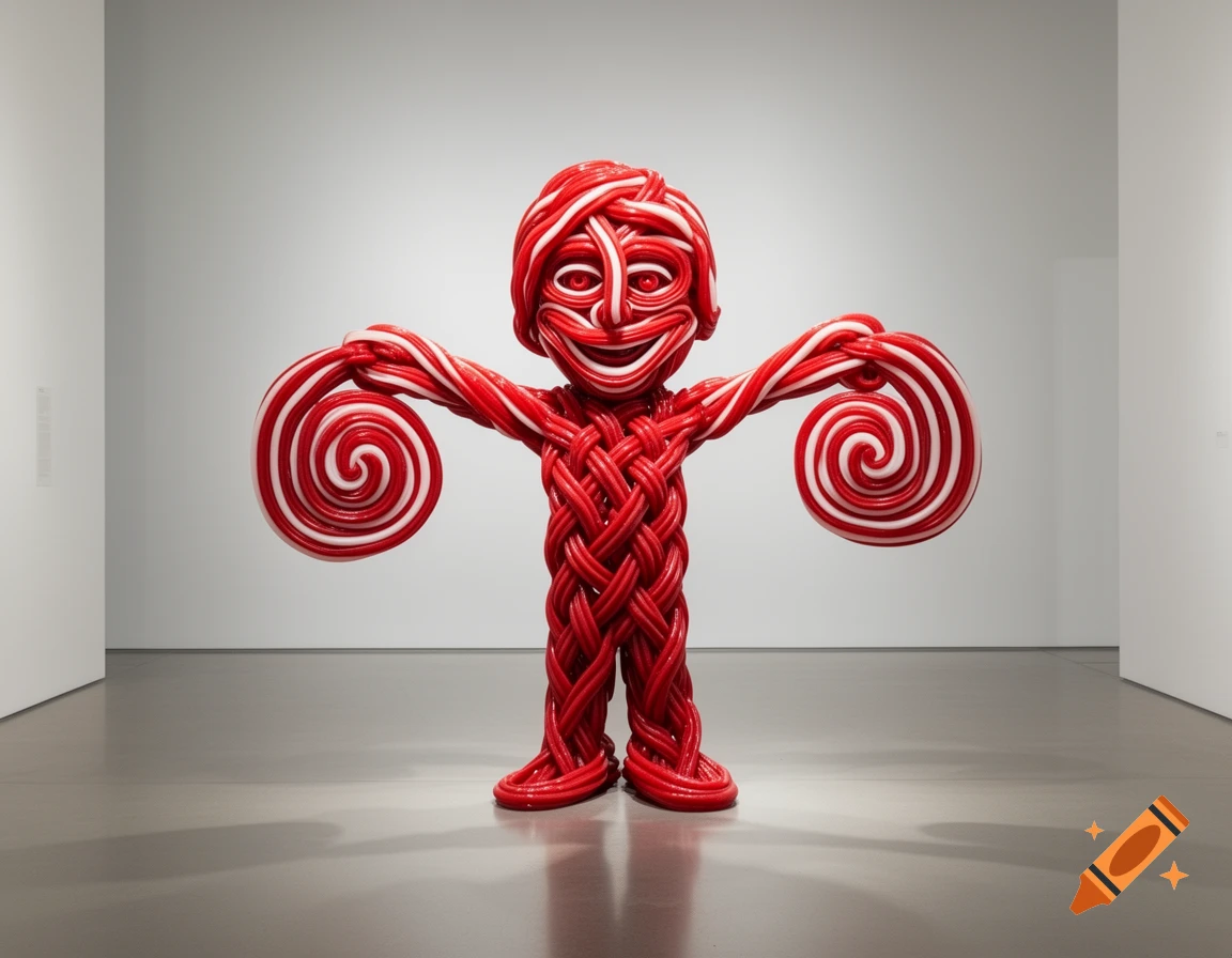 A red and white candy sculpture of a smiling, braided humanoid figure with spiral lollipop hands in a minimalist gallery.