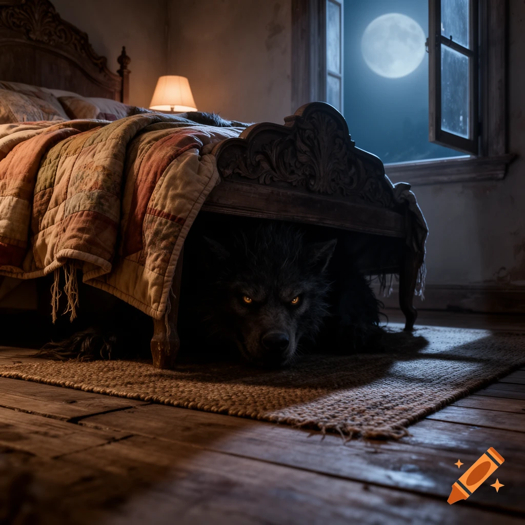 A menacing, dark werewolf with glowing yellow eyes peers out from under a bed in a dimly lit bedroom, with a full moon visible through the window.